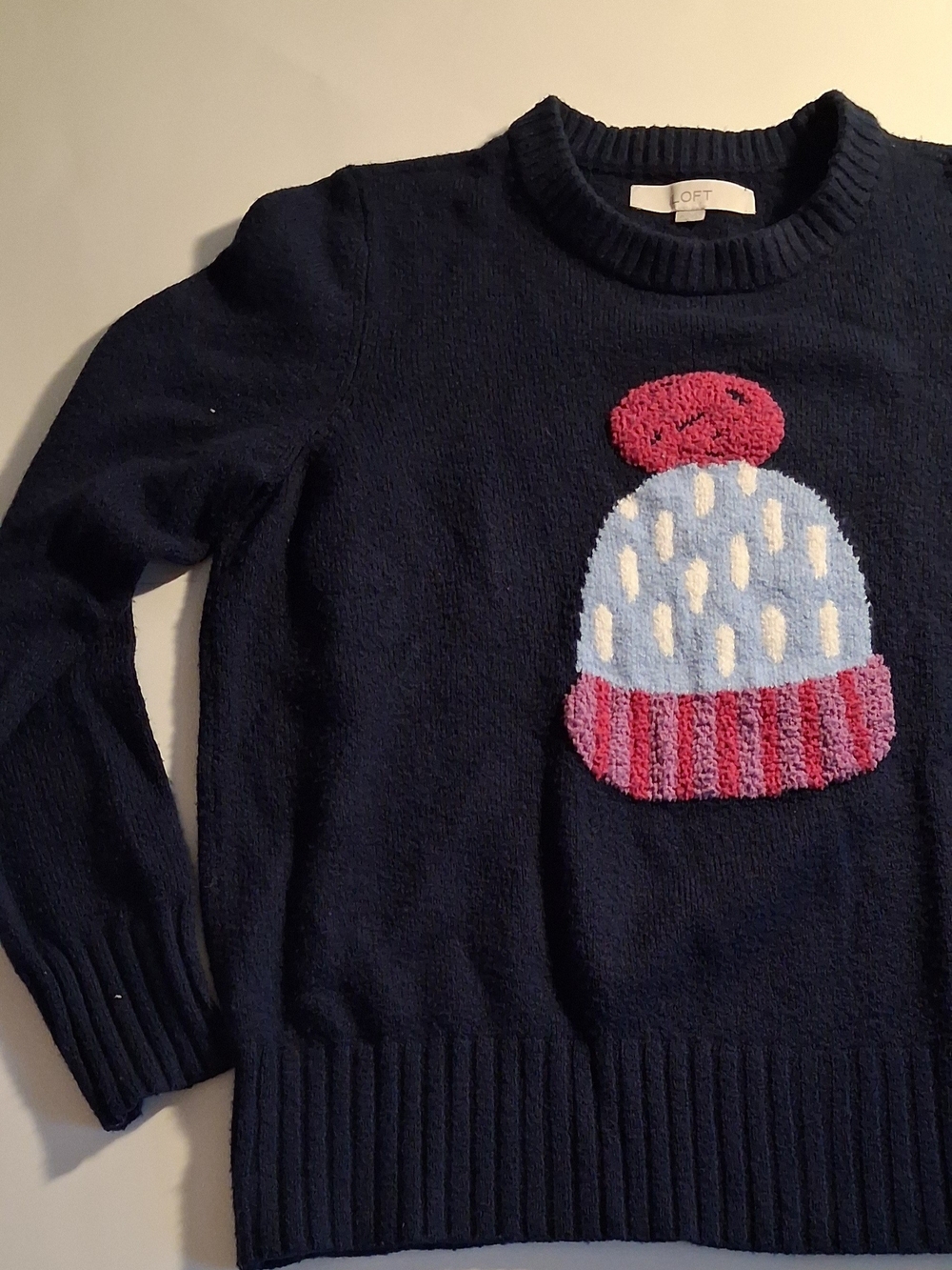 LOFT Navy Sweater with Pink & Light Blue Pom-Pom Beanie Motif